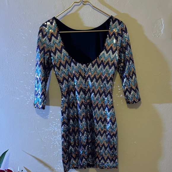 Love Reign Chevron Sequin Mini Dress - Blue and Gold - Picture 2 of 2